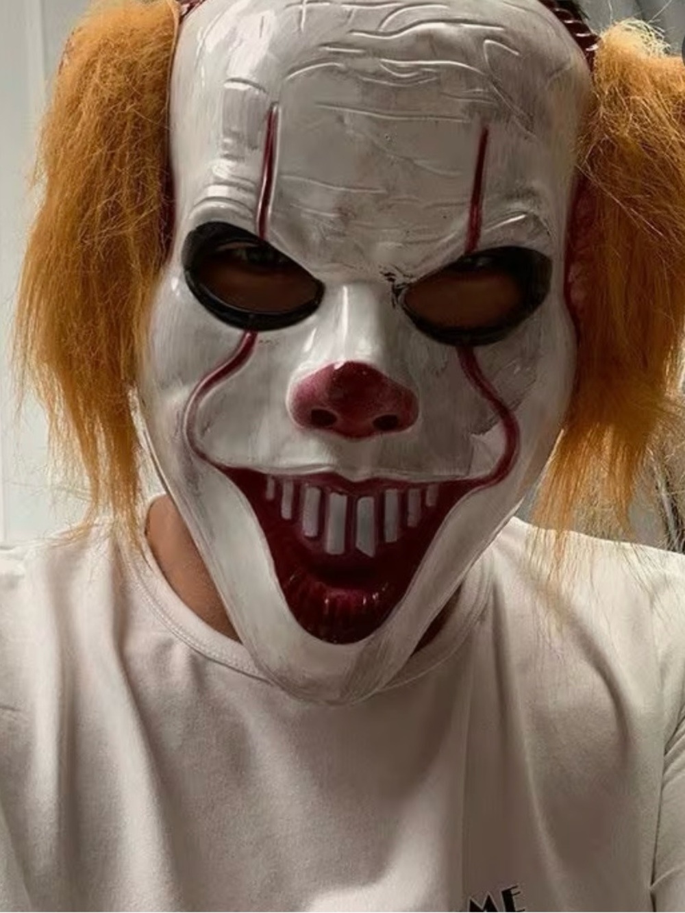 Evil Clown Costume Mask with Orange Hair - White and Red